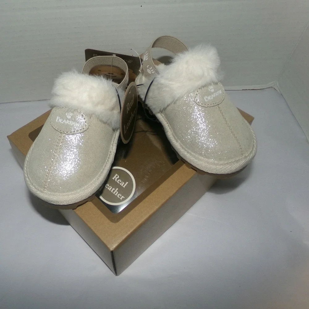 Bearpaw Baby Girls Glitter Leather Slippers Faux Fur Elastic Strap Silver Size 5